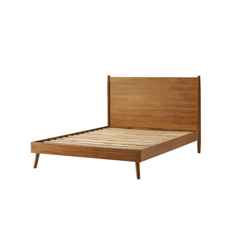 Ozzy Queen Size Bed with Slat Panel Design, Natural Acacia Wood Finish