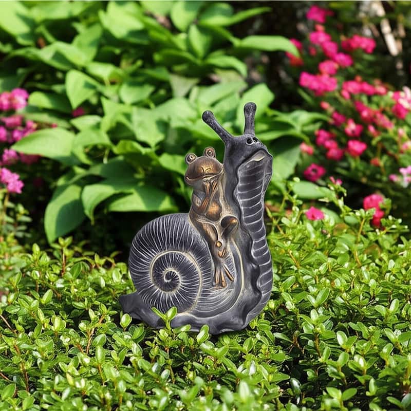 Polyresin Garden Statuary Whimsical Frog on Snail - 19" Gray