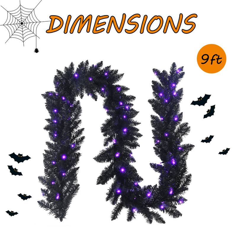 Gymax 9FT Pre-lit Black Halloween Garland Christmas Rattan w/ LED