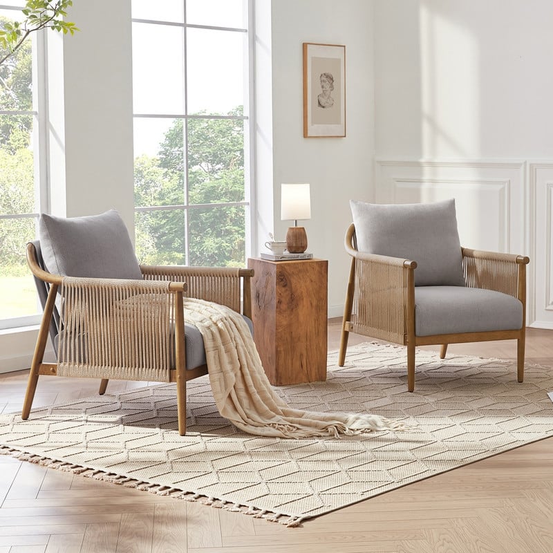 Lynn Accent Chair with Braid Wood Arm - Set of 2 - Light Grey