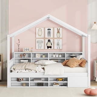 Wooden House Bed with Shelves & Roof, Mini-cabinet