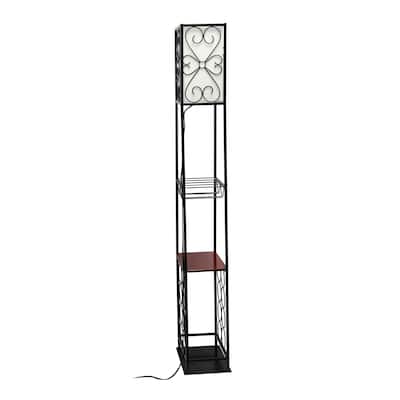 Lalia Home 63" Wood Accented Floor Lamp with Wine Rack and Storage Display, for Dining Room, Kitchen, Bar, Black