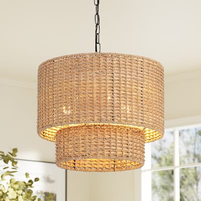 3-Light Hand-Woven Rattan Pendant Light with Adjustable Height