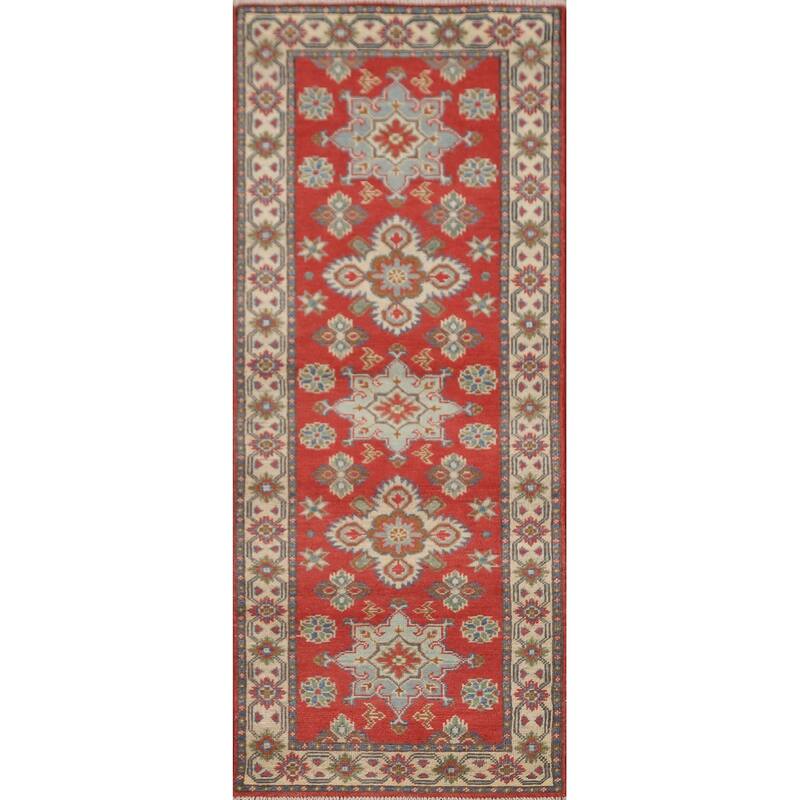 Geometric Kazak Runner Rug Hand-Knotted Traditional Red Wool Carpet - 2'1" x 5'10"