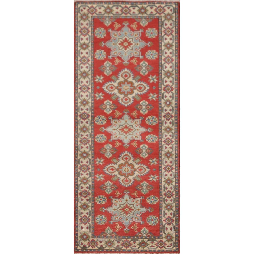 Geometric Kazak Runner Rug Hand-Knotted Traditional Red Wool Carpet - 2'1" x 5'10"