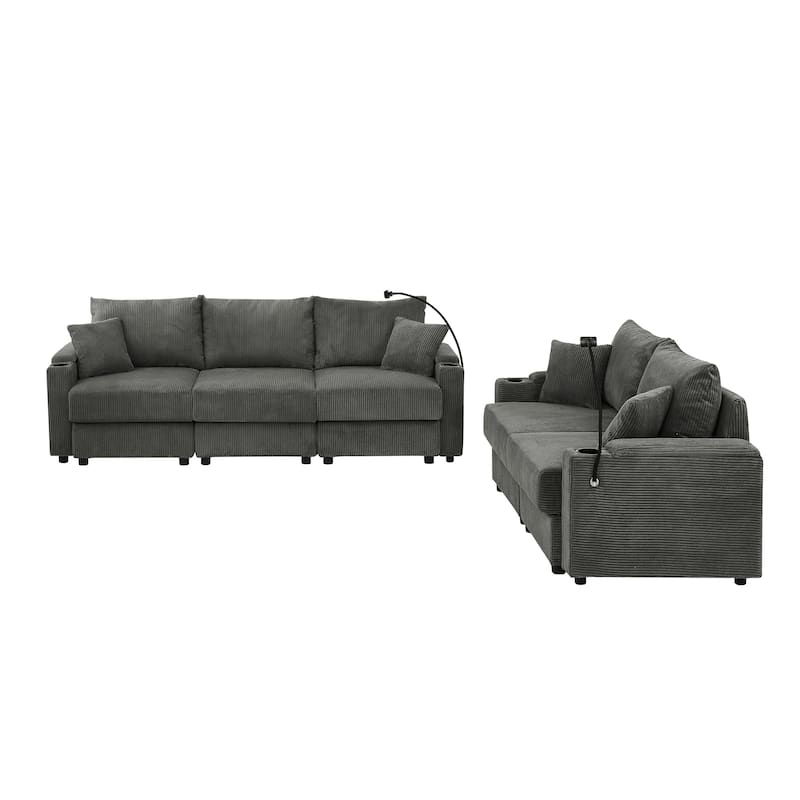Deep Seat Loveseat Sofa & 3 Seater Couch Set, Corduroy Upholstered Storage Sofa with Cup Holders and Phone Stands, 2pc