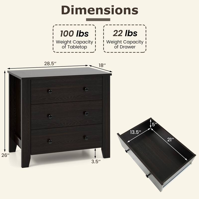 Gymax 3 Drawer Dresser Chest of Drawers Bedside Table for Living Room