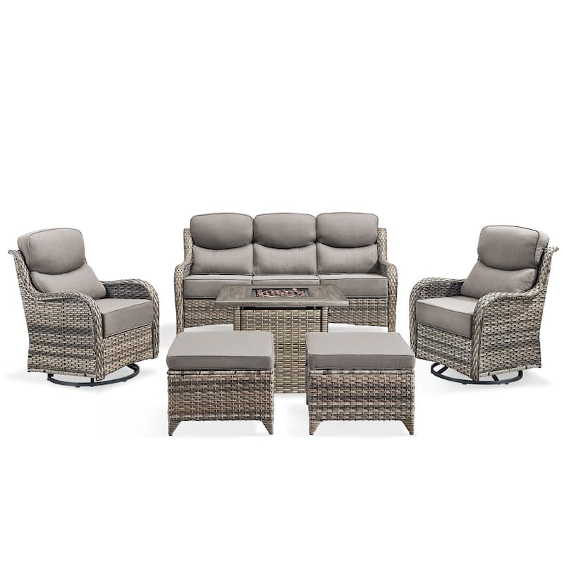 Pocassy 6 Pieces Outdoor 6" Sofa Swivel Chair Ottoman with Fire Pit Table