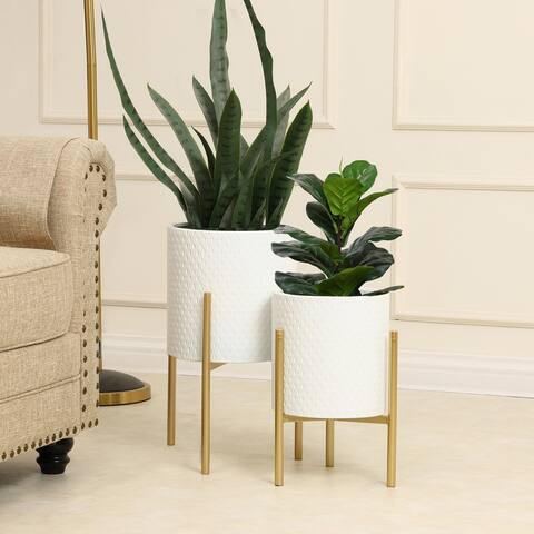 White Metal Round Cachepot Planters and Gold Stand (Set of 2)
