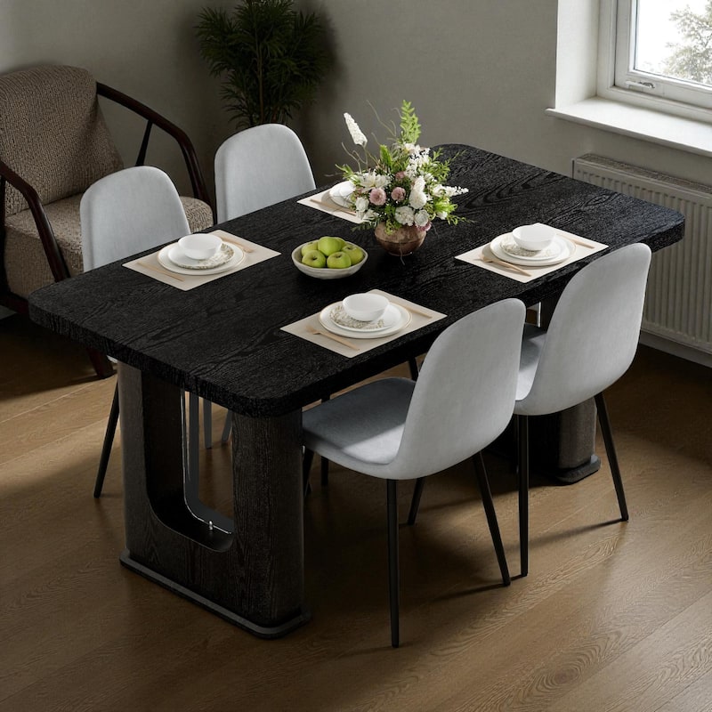 5-Piece 64.5" Black Wood Dining Table Set with Glass-Inlay Legs and 4 Linen-Cotton Chairs, Modern Dining Room Furniture