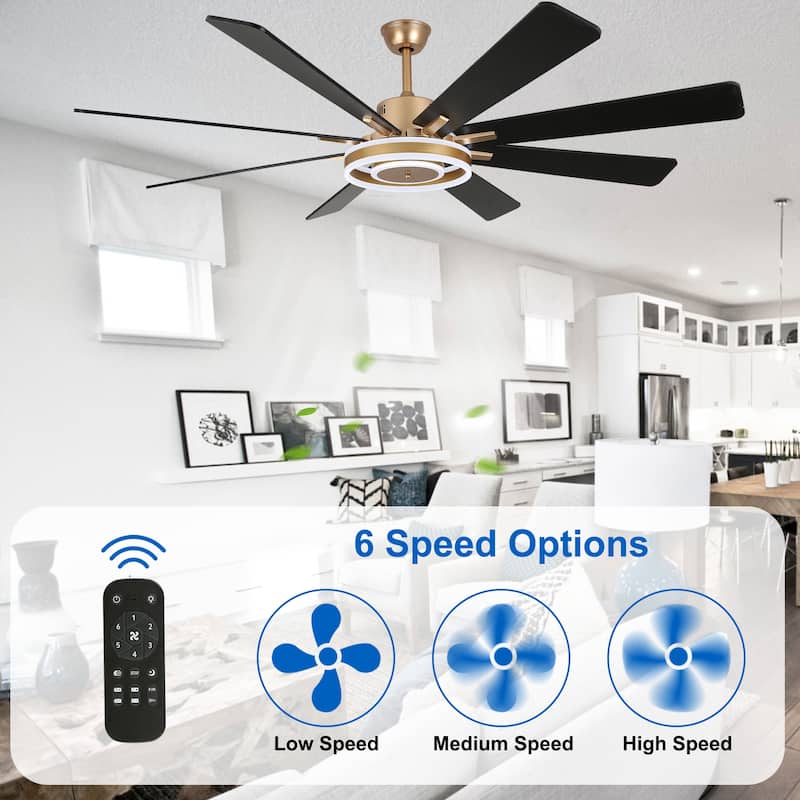CurveCurio 72" Large Ceiling Fan w/ LED Lights, Wood Blades Ceiling Fan Quiet DC Motor w Remote for Lagre Rooms