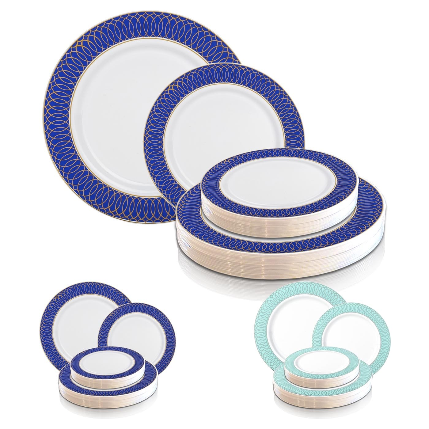White with Blue and Gold Royal Rim Disposable Plastic Dinner Plates (10.25)