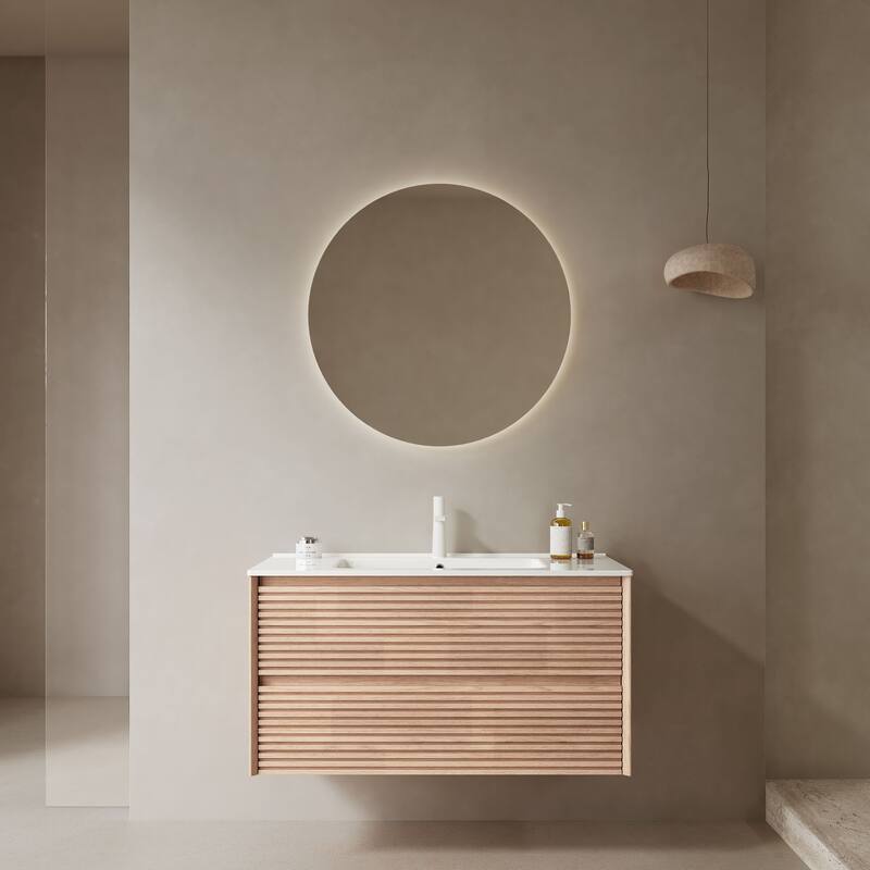 29" Bathroom Vanity with Premium Glossy White Ceramic Sink, Corolla Oak Grain Cabinet, Large Storage Drawers