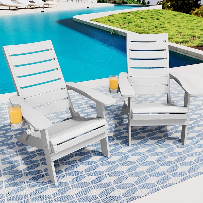 WINSOON HIPS Folding Adirondack Chairs with Arc Back & Cup Holder Set Of 2 - White