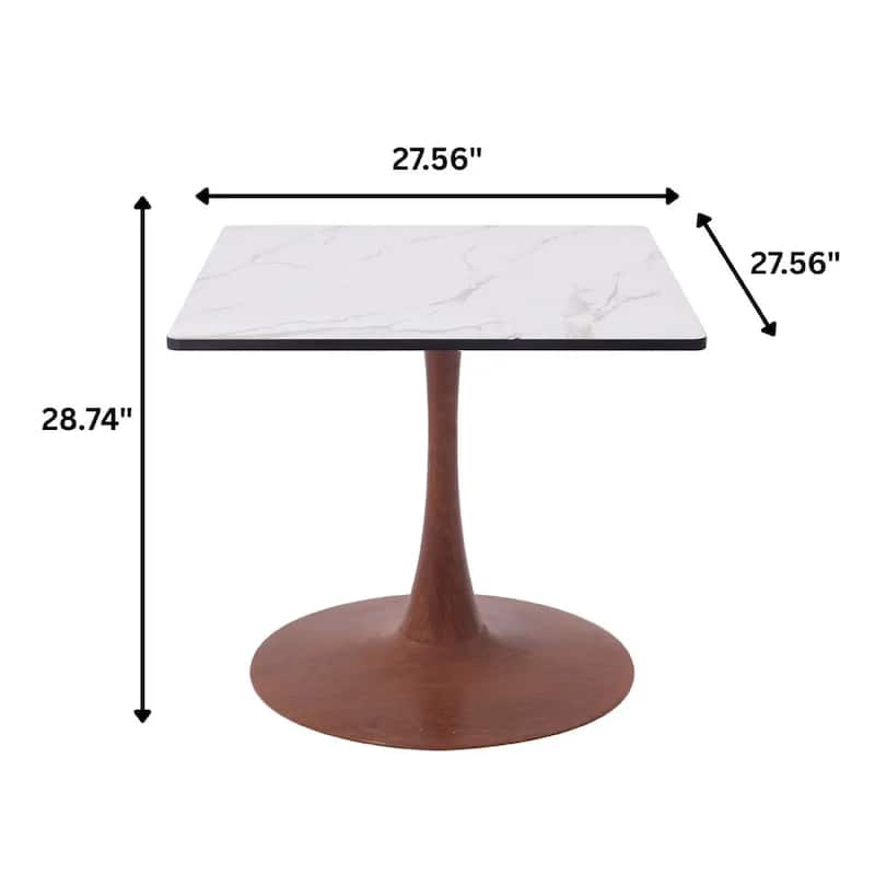 Bristol 27" Square Dining Table with Marbled White MDF Top and Steel Pedestal Base for Modern Kitchen and Dining Room - 27 in.