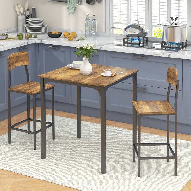 3 Piece Counter Height Bar Table and Chairs Set Industrial Small Dining Table Square Kitchen Table and Stools with Steel Frame