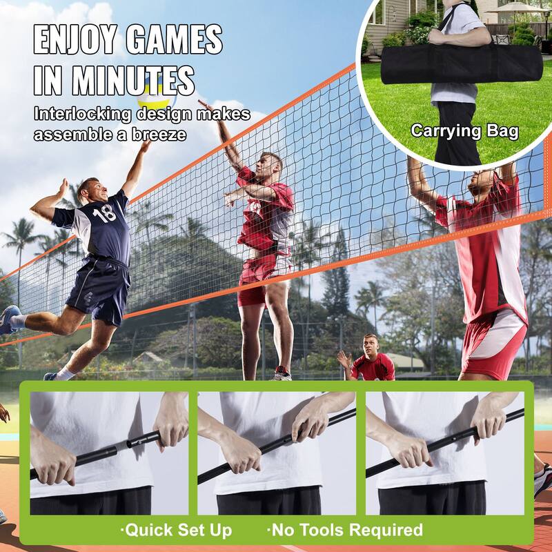 Orange Steel and PE Adjustable Volleyball Net, Weatherproof, Portable and Quick Setup