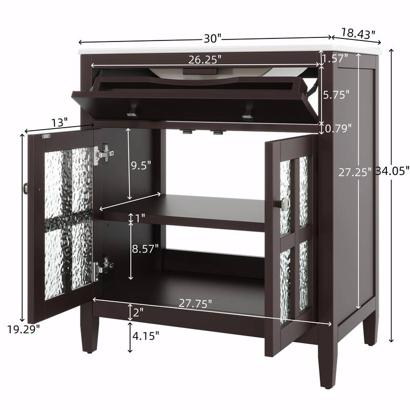 30" Bathroom Vanity with Ceramic Sink, Equipped with Adjustable Shelf and Tip-Out Tray