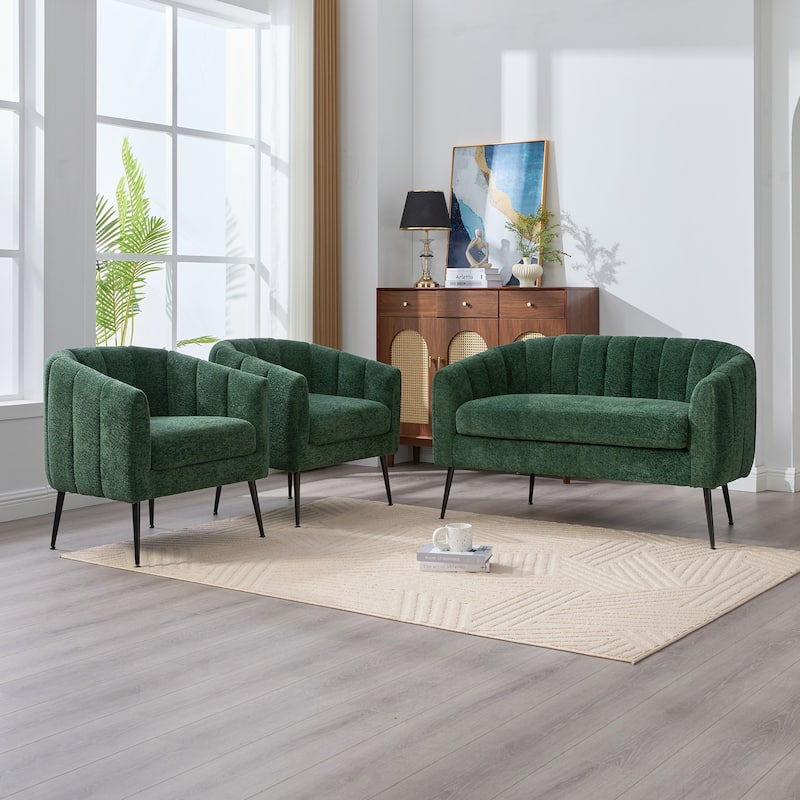 3-Piece Chenille Small Living Room Furniture Set with Metal Legs,Channel Tufted Sofa Conversation Set,Loveseat & 2 Accent Chair