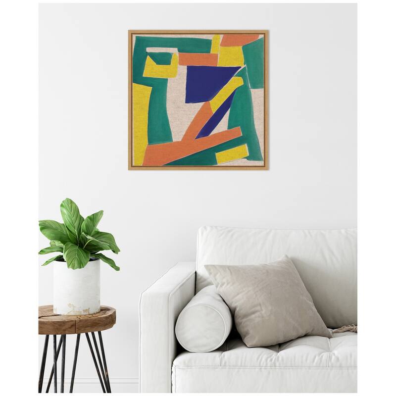 Kate and Laurel Sylvie Retro Refresh Painterly Shapes Neutral Linen Framed Canvas by The Creative Bunch Studio