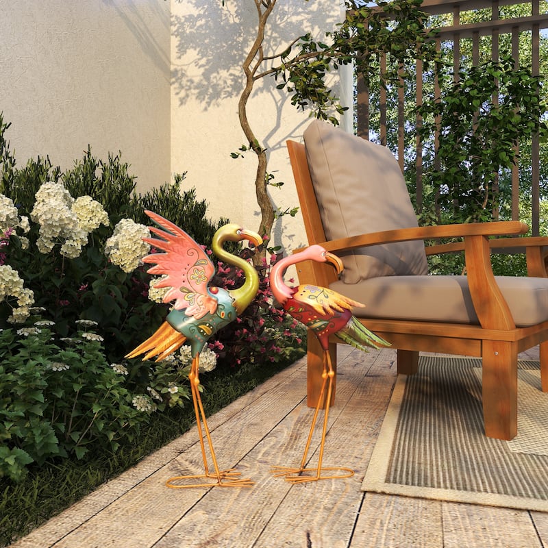 Metal Flamingo Indoor Outdoor Embossed Standing Decorative Garden Sculpture - Set of 2 Multi Colored - Roche River Decor
