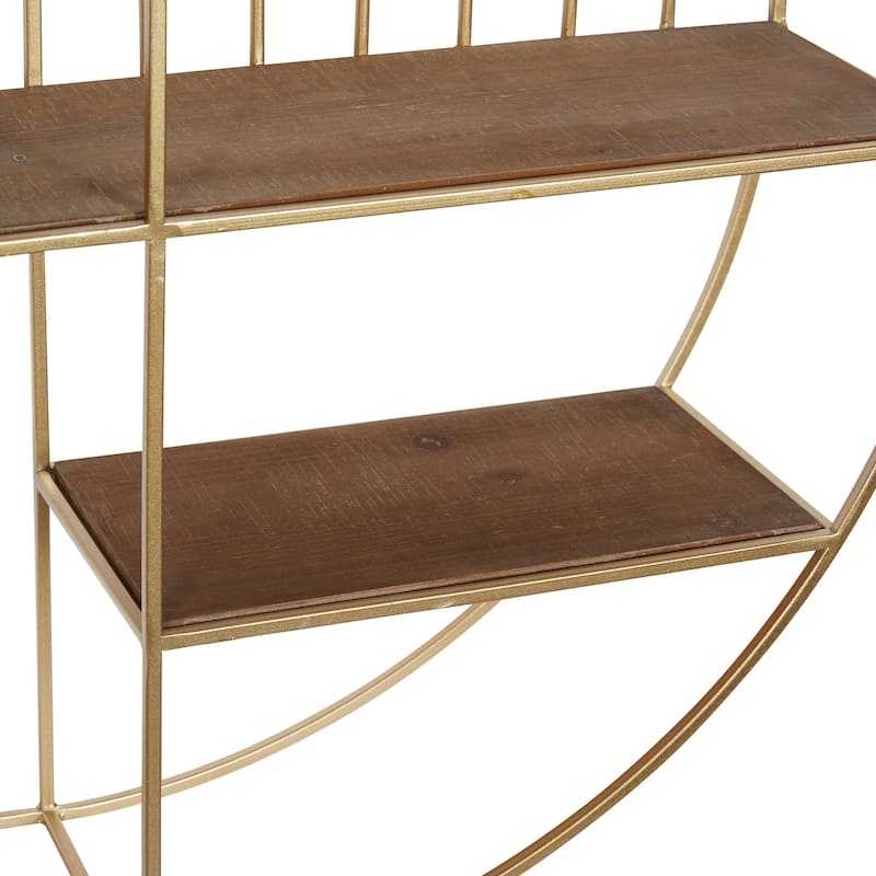 Metal Geometric Circle Wall Shelf with 3 Wood Shelves and Linear Rods - Gold - Roche River Decor - 7"W x 28"L x 28"H