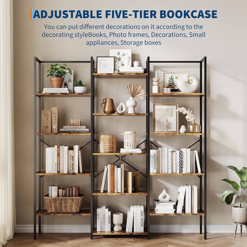 Triple Column 5-Tier Bookshelf, Rustic Industrial Bookshelf with Frame