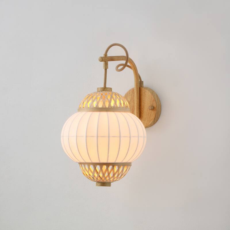 Hikari 1-Light Wood Grain and Natural Wall Sconce with Woven Bamboo Shade