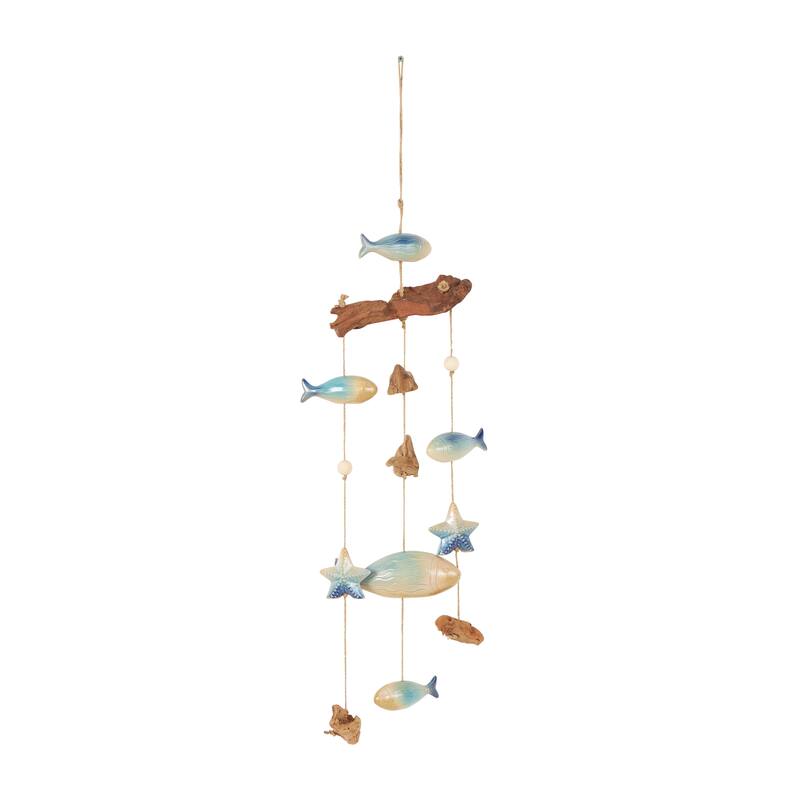 Blue Ceramic Ombre Fish Windchime with Driftwood and Hanging Starfish Accents
