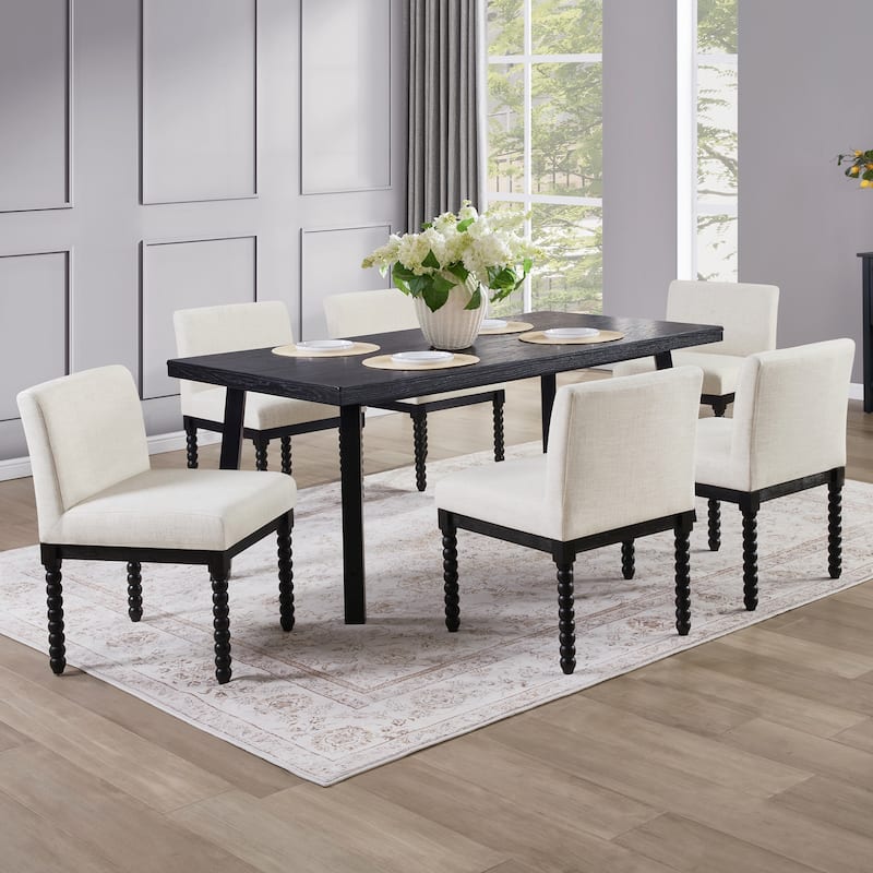 Vintage 20.5"W Upholstered Dining Chairs with Gourd-Shaped Wood Frame - Set of 6 - Rustic Black