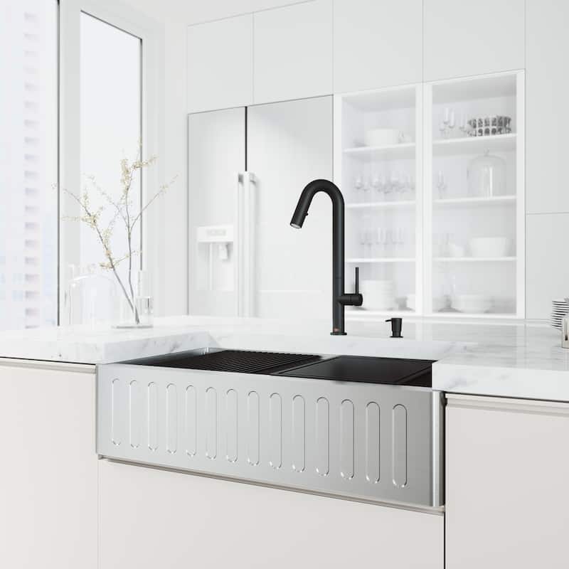 VIGO Oxford Stainless Steel Single Bowl Slotted Apron Farmhouse Kitchen Sink and Accessories
