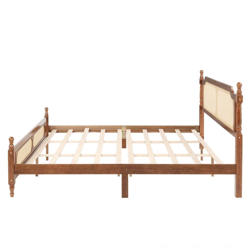King Pine wooden Bed with Rattan Headboard and Footboard, with Central Enhanced Bed Platform