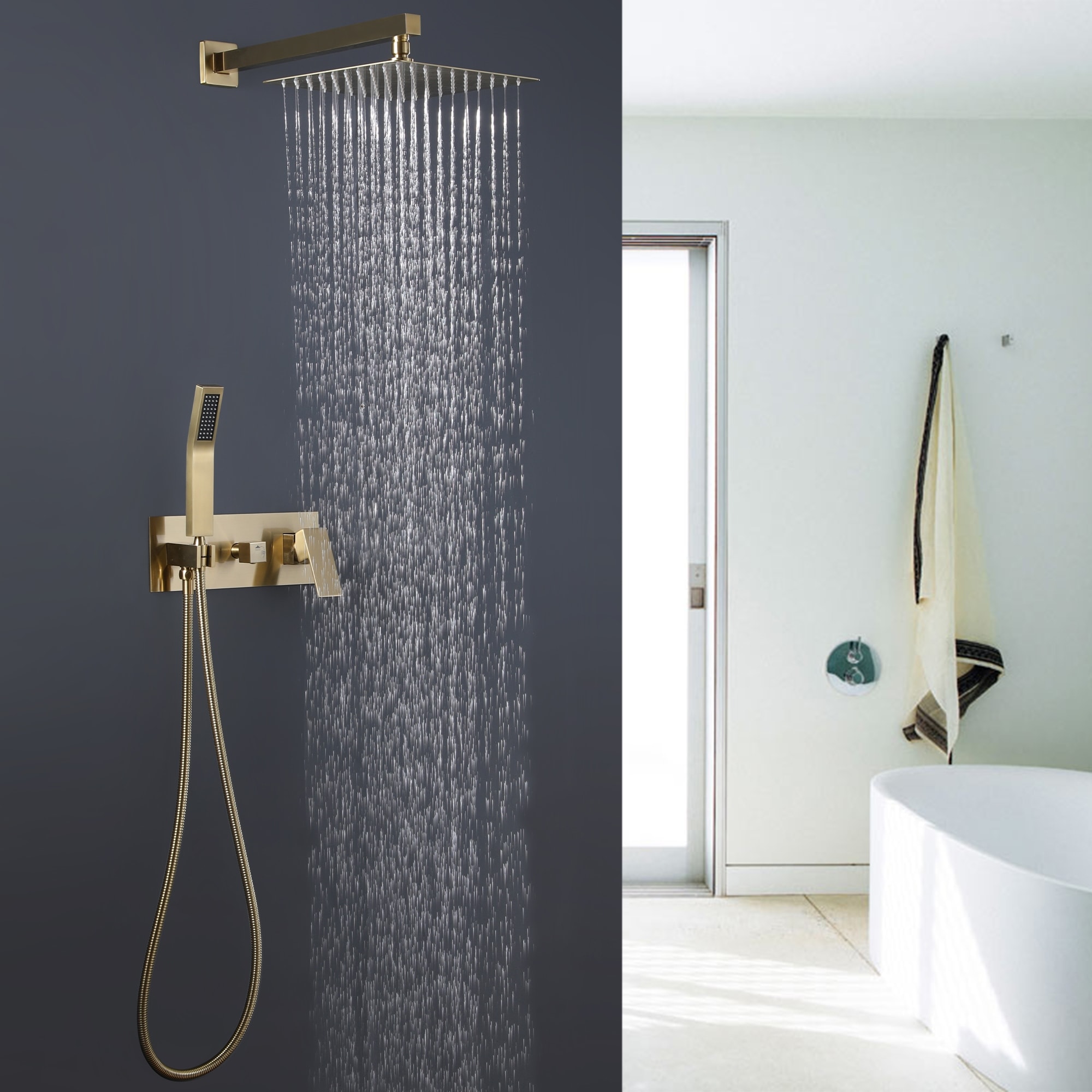 WINKEAR Rainfall Shower System With Handheld - Brushed Gold, Wall Mount, Rough-in Valve Included