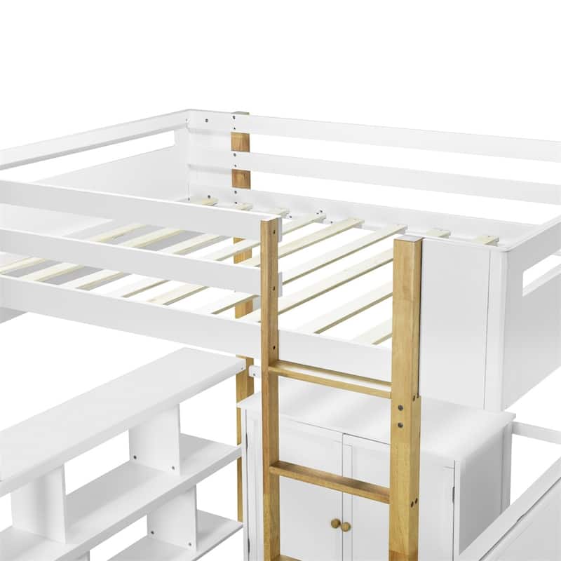 Merax Wood Loft Bed With Built-in Storage Cabinet and Shelves, Foldable desk