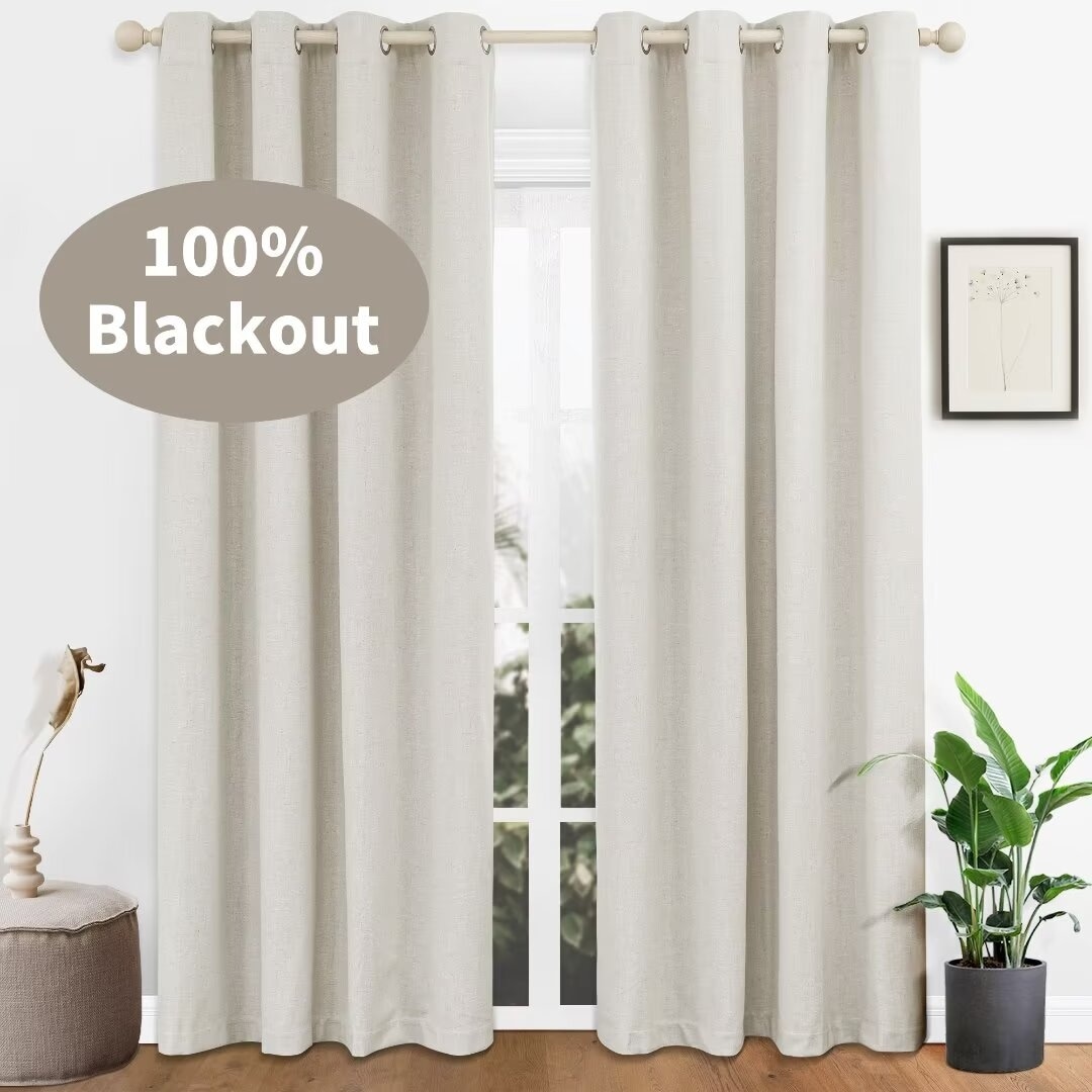 100% Blackout Linen Blend Texture Grommet Curtain Pair(2 panels)