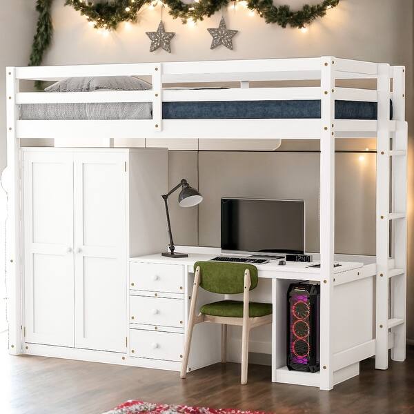 slide 2 of 20, Twin Size Loft Bed with Wardrobe, Desk and Storage Drawers, White White