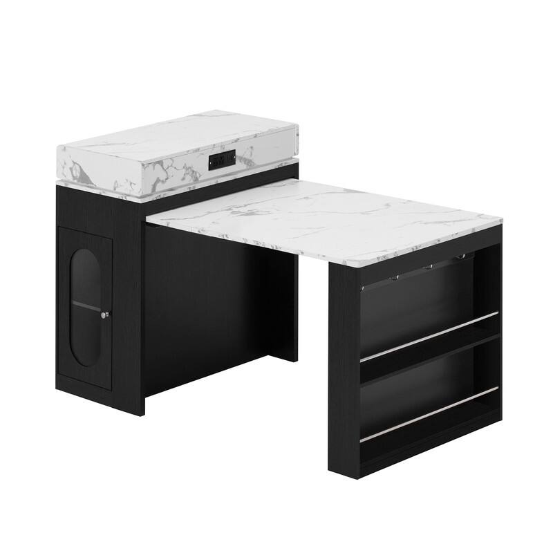 57.7" Kitchen Island with Extendable Top on Wheels, Kitchen Dining Table, Bar Table with Drawers and Power Outlet