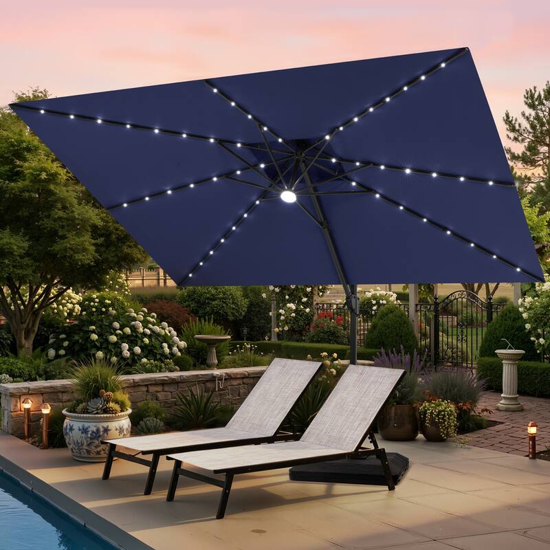12 x 9 FT Outdoor Patio Cantilever Umbrella with Solar Lights Double Canopy 360 Rotation Tilt with Base - Navy Blue