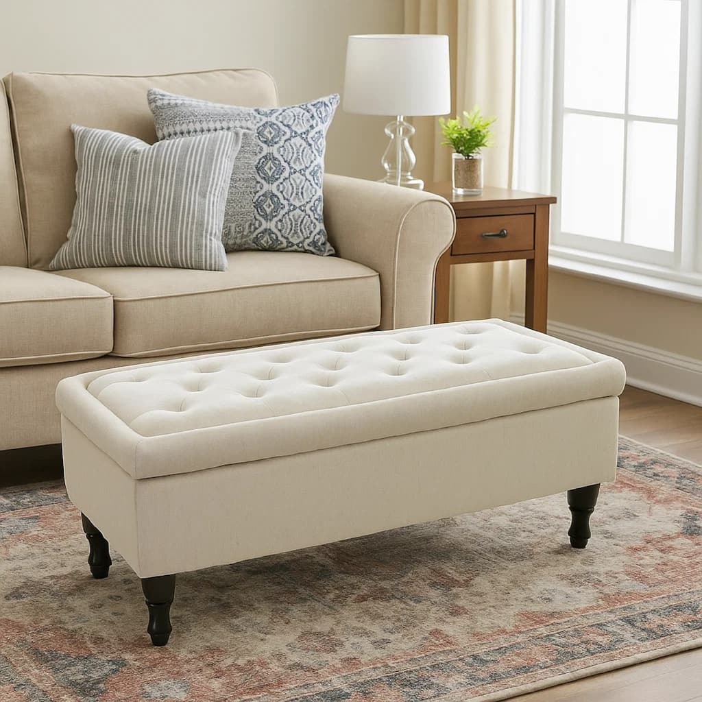 Kiyo Ottoman, Linen Ivory Faux Suede, 41 Inch, Tufted Storage Lid