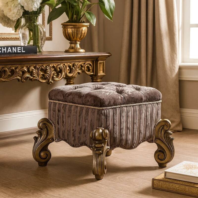 Traditional Style Wood and Poly Resin Vanity Stool, Gray