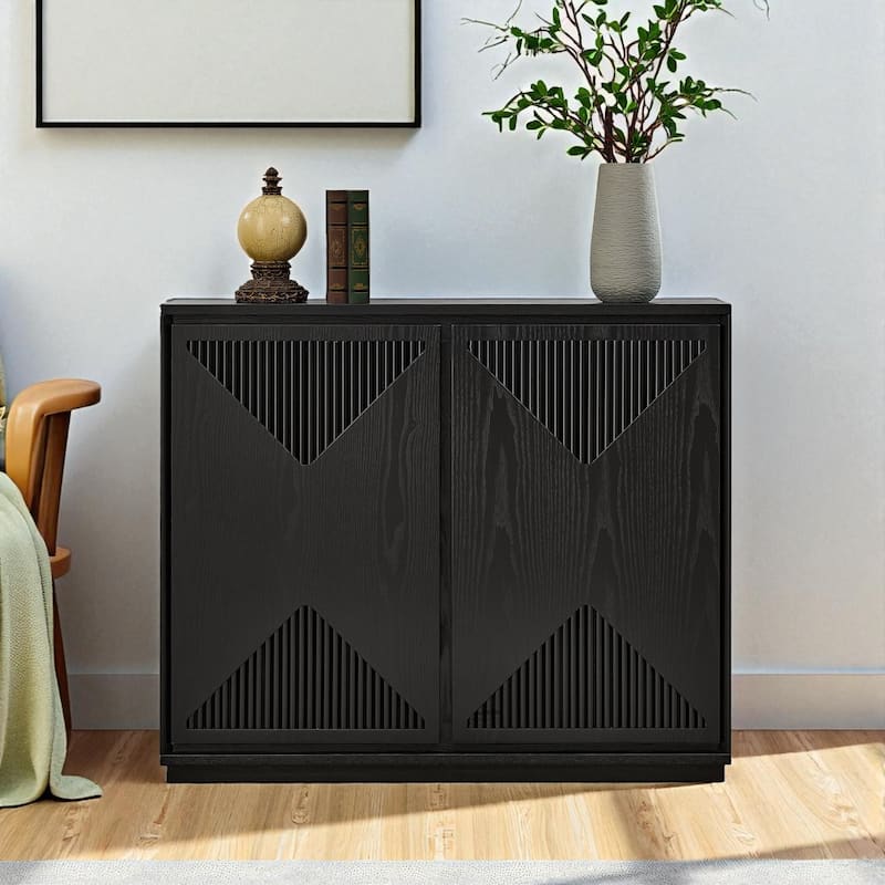 39" V-Shape Fluted Storage Cabinet, Mid Century Modern Buffet Sideboard with Outlet Holes for Entryway Kitchen - Black