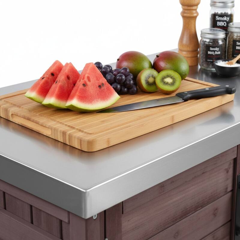 Roomfitters 78.3" Outdoor Kitchen Island with Foldable Grill Table, Stainless Steel Top & Tilt Trash Can Storage