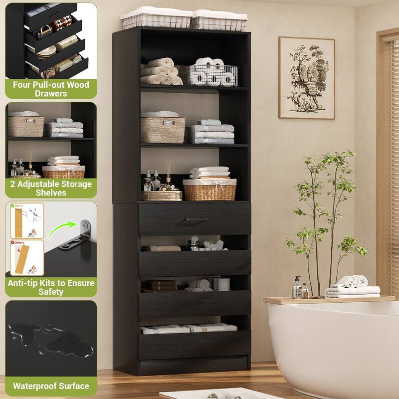 21.3'' W Closet System with 4 Wooden Drawers, 1.78FT Walk-in Closet Organizer Wardrobe with Adjustable Open Shelves