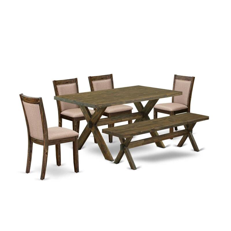 HomeStock 6-Piece Rectangle Distressed Jacobean Finish Solid Wood Top Dining Table with 1-Bench, 4-Chairs