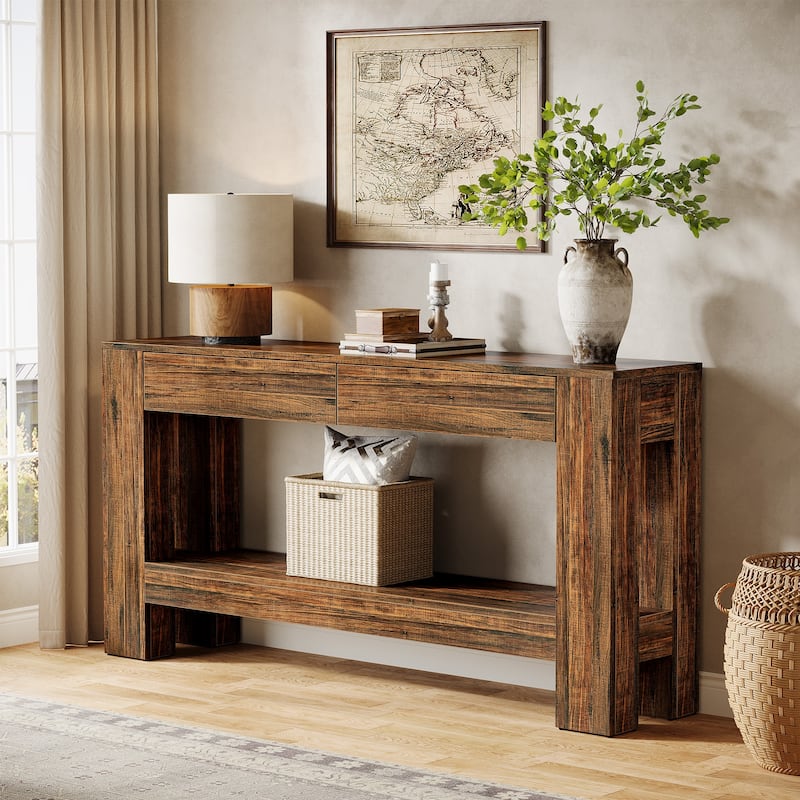 2-Tier Wooden Console Table with 2 Drawers for Entrance - /