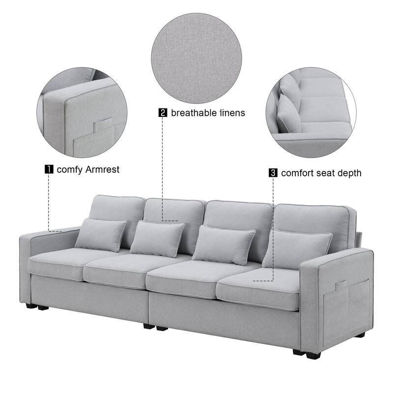 104" 4-Seater Modern Linen Fabric Sofa with Armrest Pockets and 4 Pillows