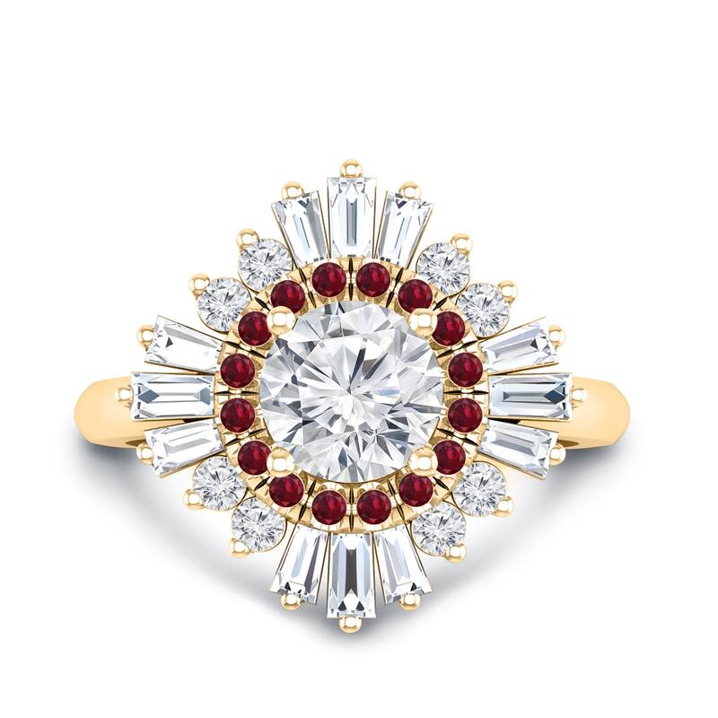 Auriya Vintage Ballerina 3/4ct Moissanite and Red Ruby & Halo Diamond Engagement Ring 14k Gold - 8 - Yellow