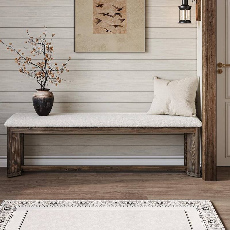 63" Solid Wood Upholstered Bench, Modern Rustic Entryway Bench with Cushion - 62.99" W x 13.78" D x 18.11" H