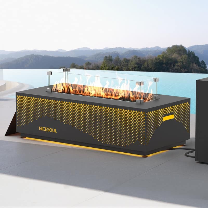 Outdoor Propane Fire Pit Table, 50,000 BTU Rectangular Steel Gas Fireplace with Wind Guard, Hidden Tank for Patio & Backyard