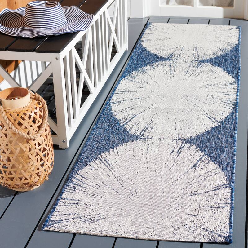 SAFAVIEH Courtyard Sabaha Indoor/Outdoor Waterproof Patio Backyard Rug - 2'3" x 8' Runner - Beige/Navy